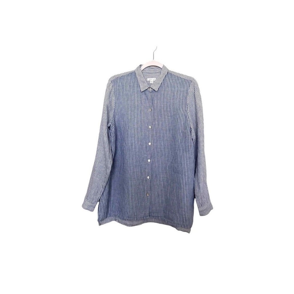 J Jill Love‎ Linen Essential Shirt Blue Stripe Button Down Lagenlook Capsule